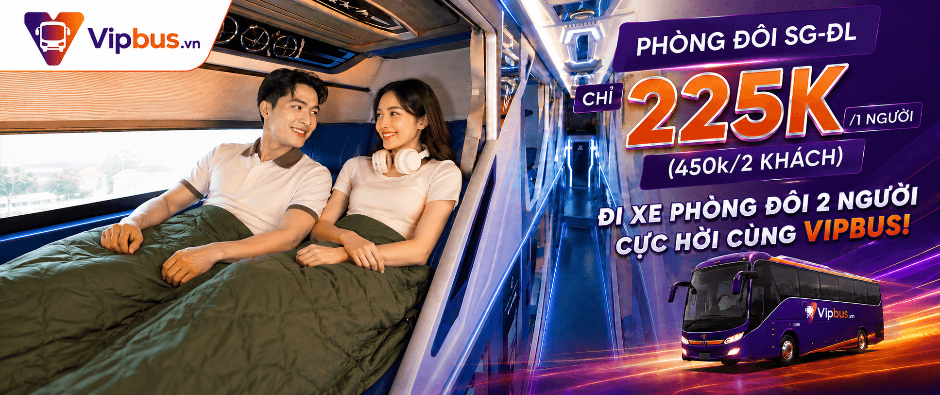 Phòng đôi SG - ĐL chỉ 225k/1 người (450k/2 khách) - Đặt vé ngay cùng Vipbus